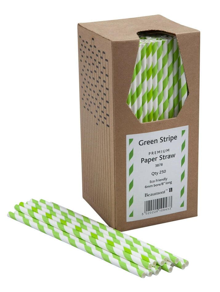 Papirsugerør 20cm 6mm - Grønn & Hvit Stripet Pk 250