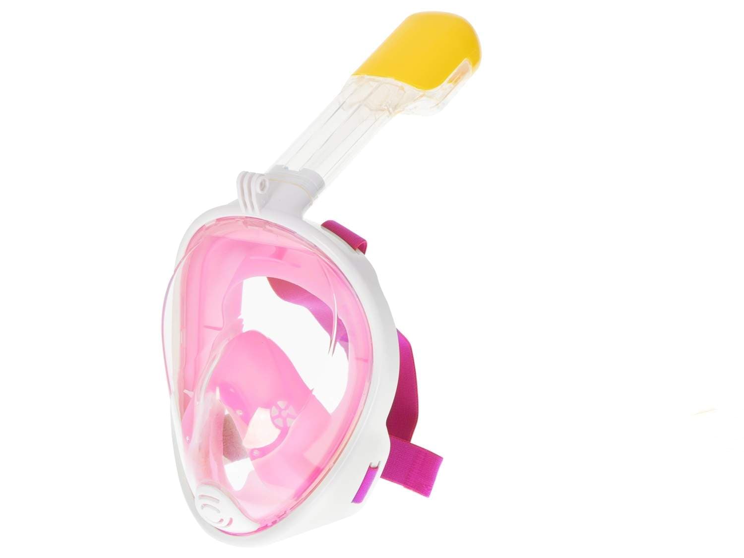 Rosa snorkelmaske S/M med tørrrør og nettpose