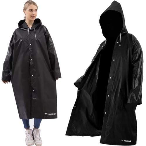 Lang unisex svart regnjakke med hette