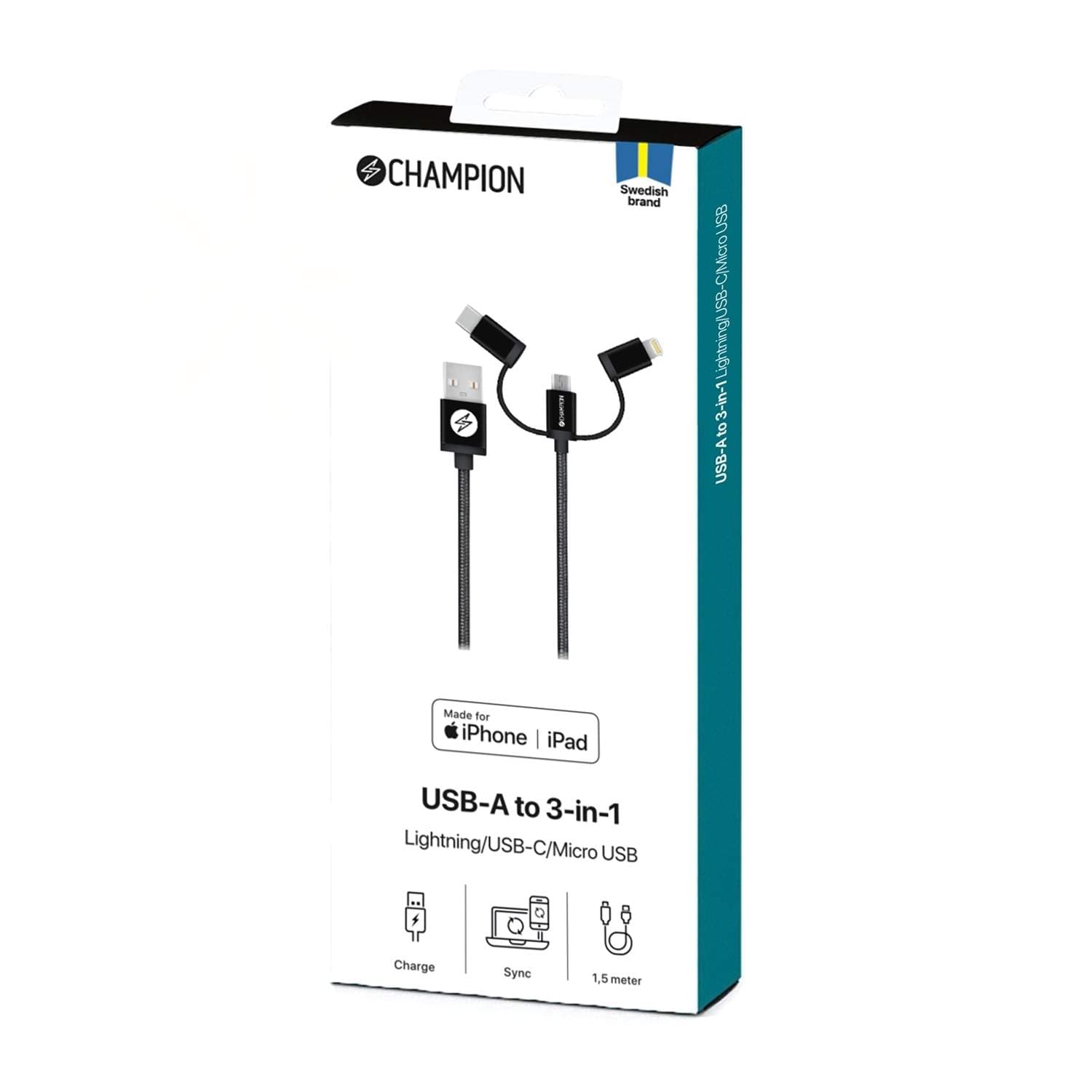 USB-A til Lightning, USB-C og Micro-USB 1,5 m svart view 2