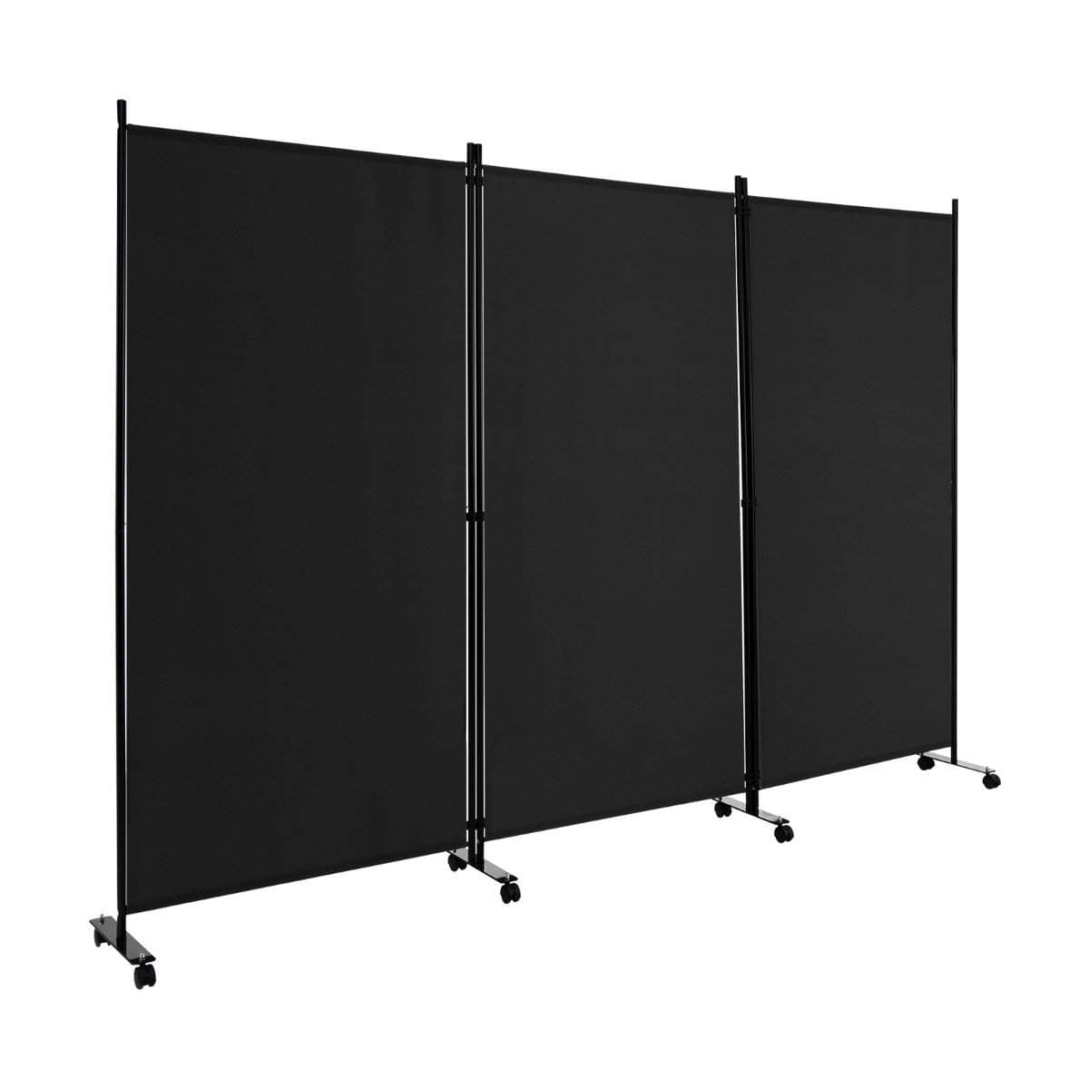 Mobil romdeler – 3 paneler, svart, 180 cm, låsehjul
