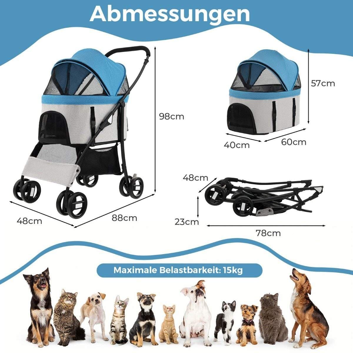 3-i-1 kjæledyrvogn – Sammenleggbar, opptil 15 kg, blå view 2