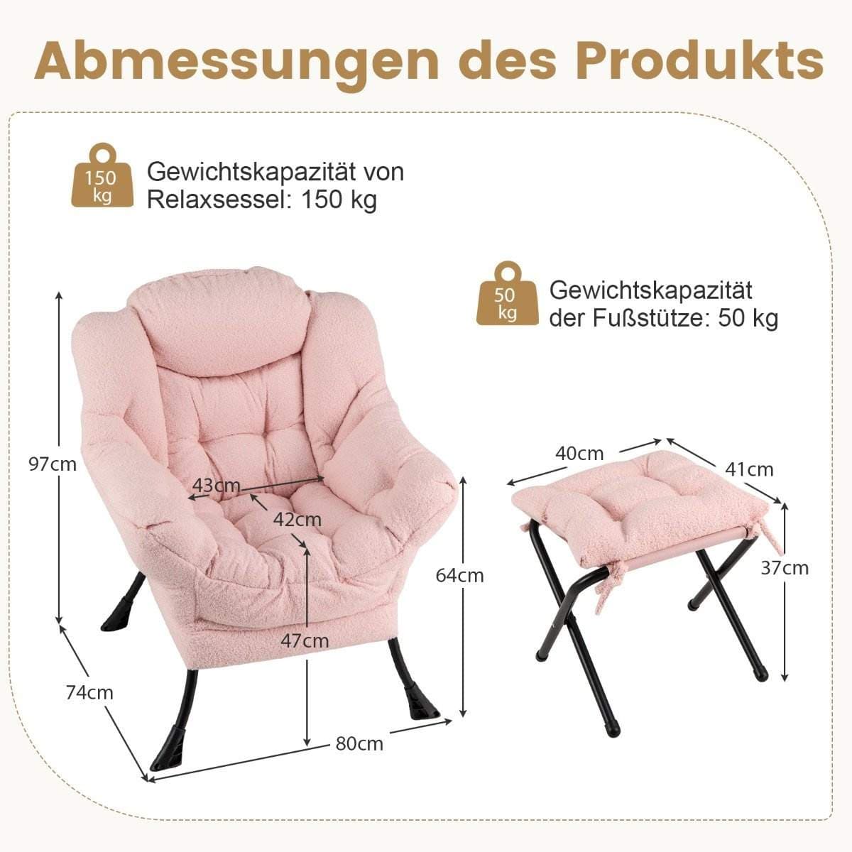 Loungestol med ottomansk – Sherpa-stoff, rosa view 2