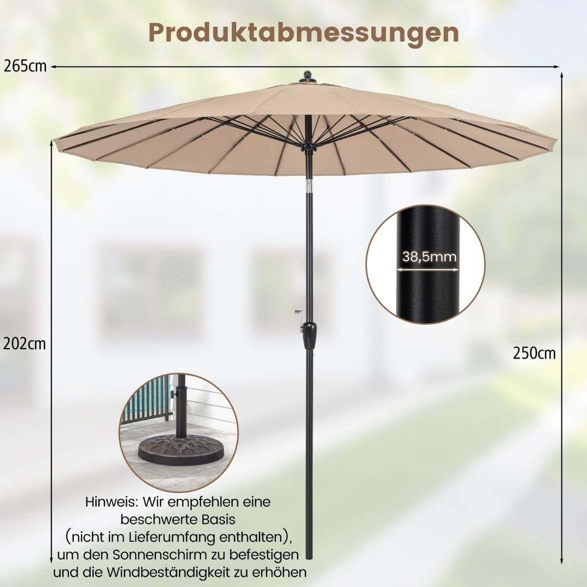 Uteterrasseparaply – 265 cm, UV 50+, justerbar tilt