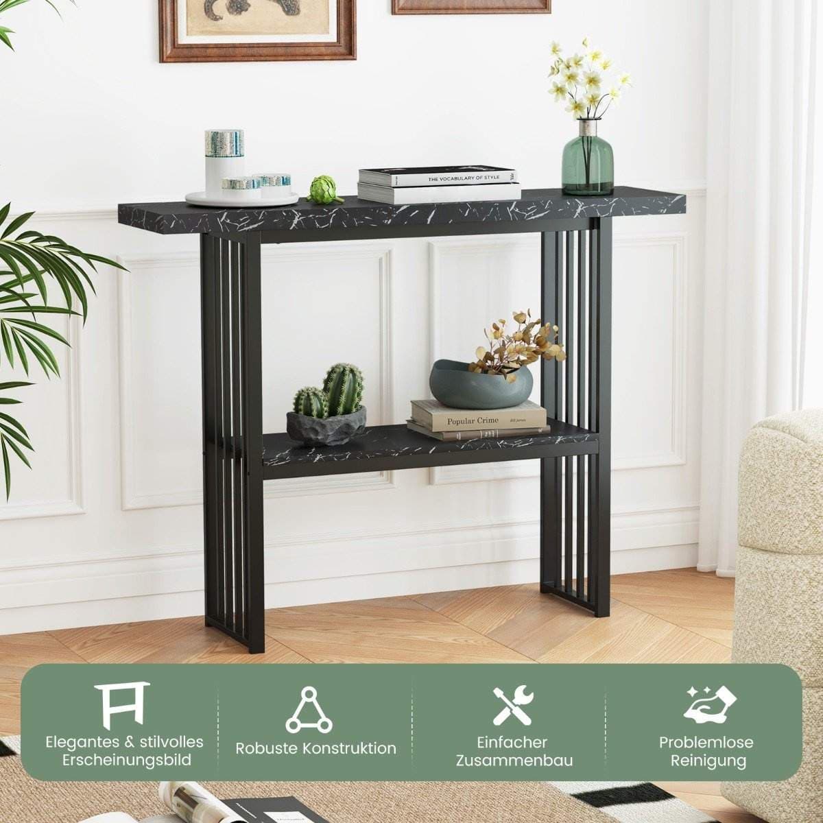 Konsollbord i marmorstil – 2-lags, svart metallramme