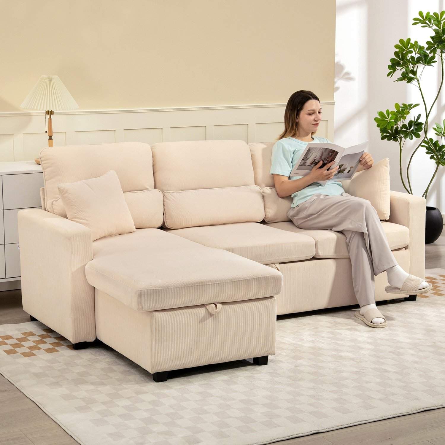 Justerbar L-formet sovesofa med oppbevaring, beige view 2