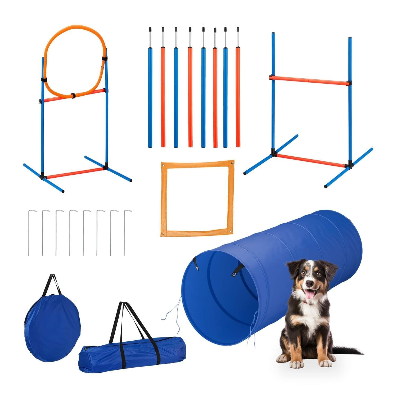 Hunde Agility-banesett – Tunnel, hekk, slalåmstaver
