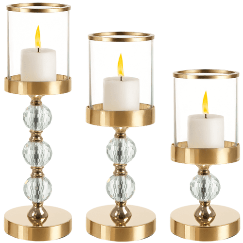 Sett med lysholdere i glasslykt – 3 gulldeler