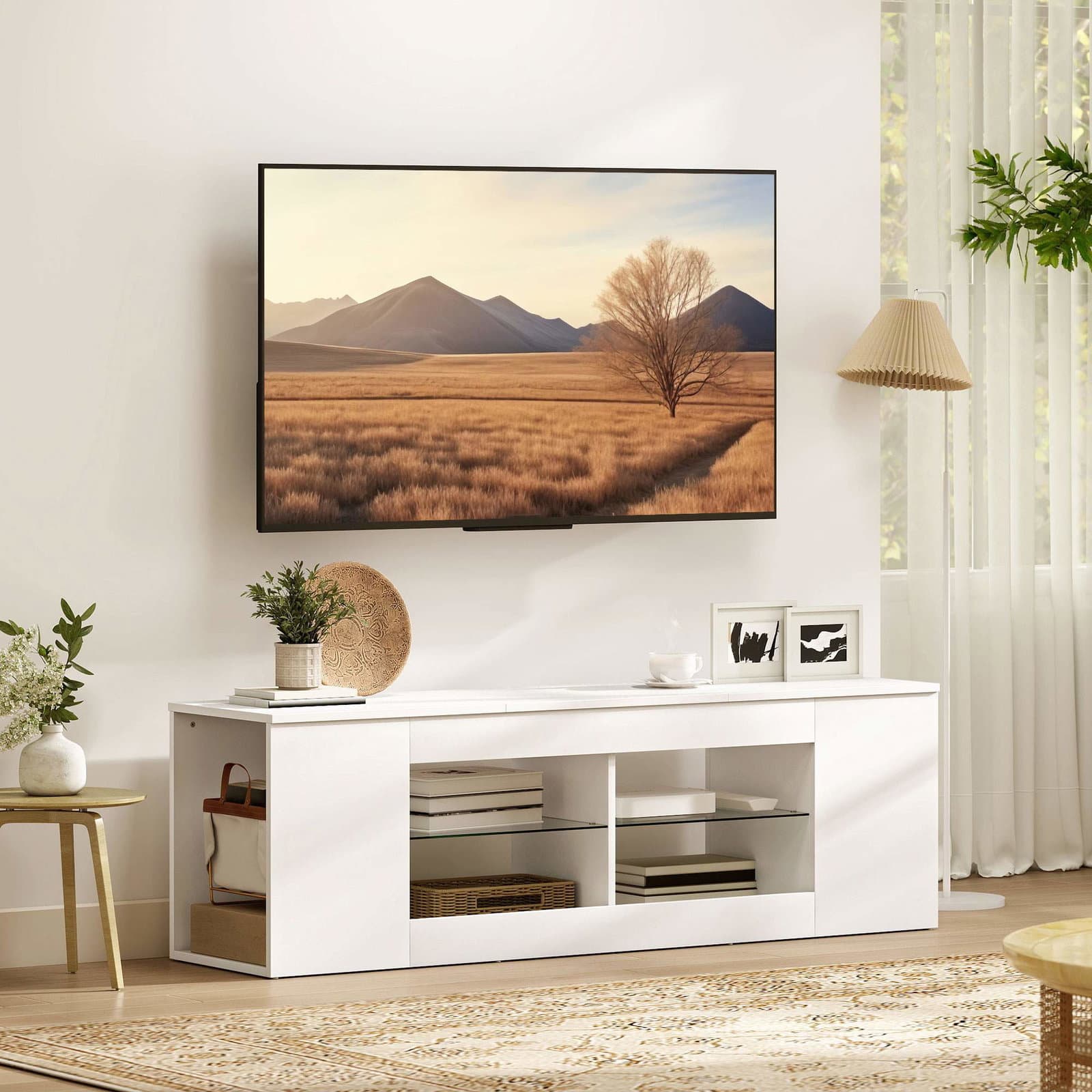 TV-stativ med 6 hyller og glass, 140 cm, hvit view 2