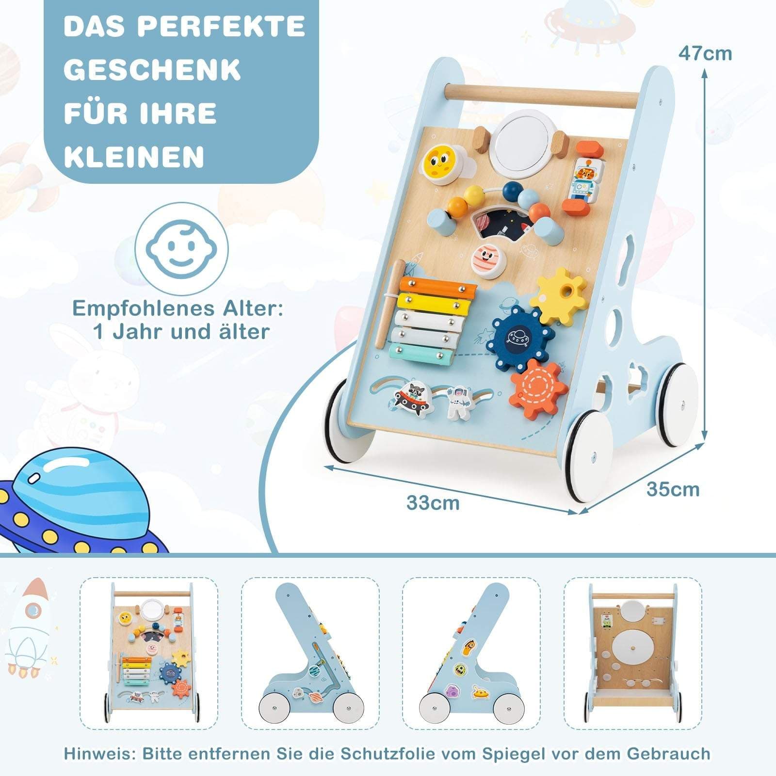 Gåstol med hjul – 8-i-1 aktivitetssenter i tre view 2