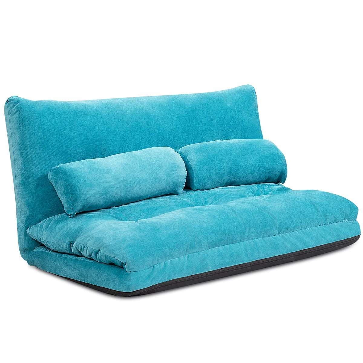 Justerbar blå gulvsovesofa med puter og lenestol