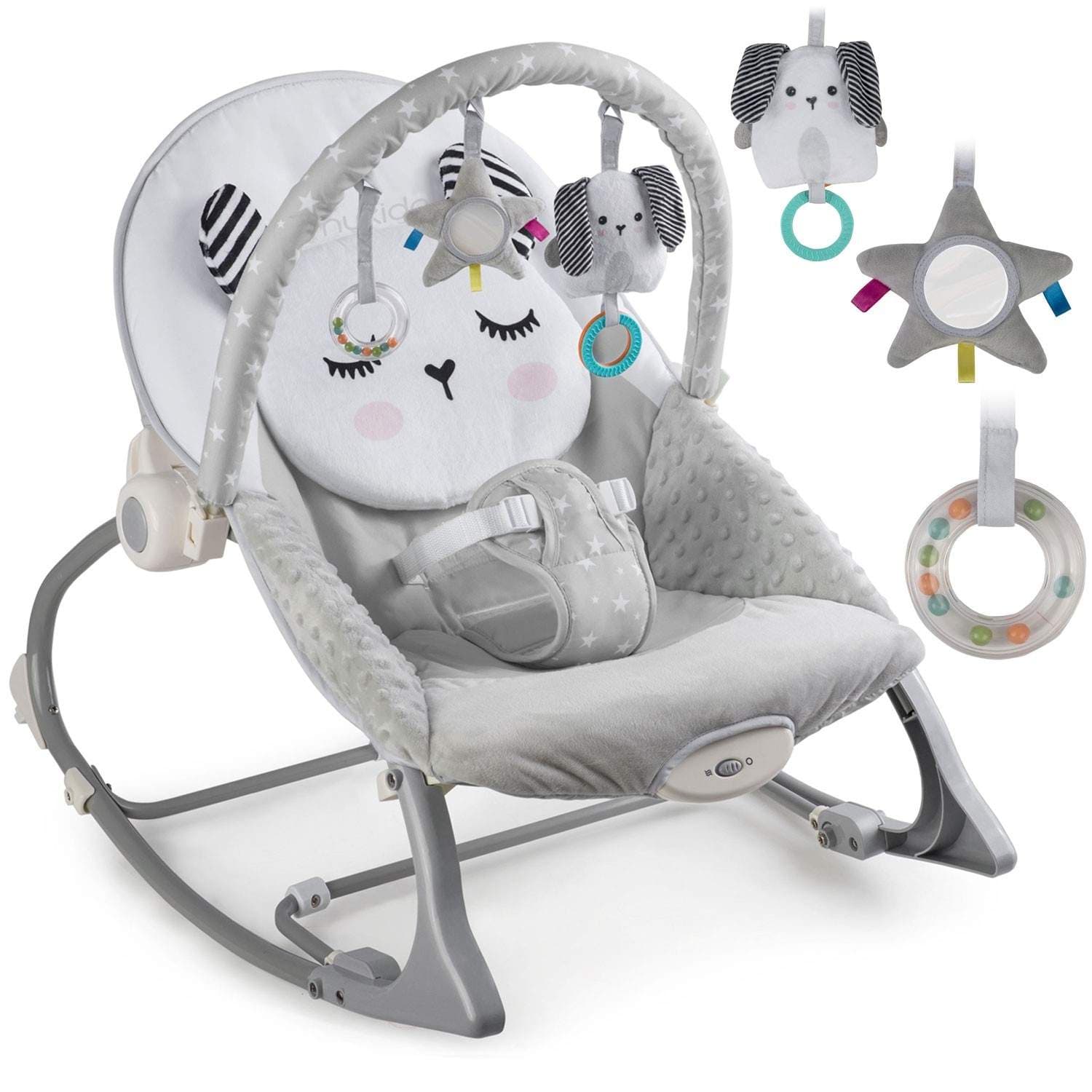 Babyvippe med vibrasjon – grå, beroligende og leken