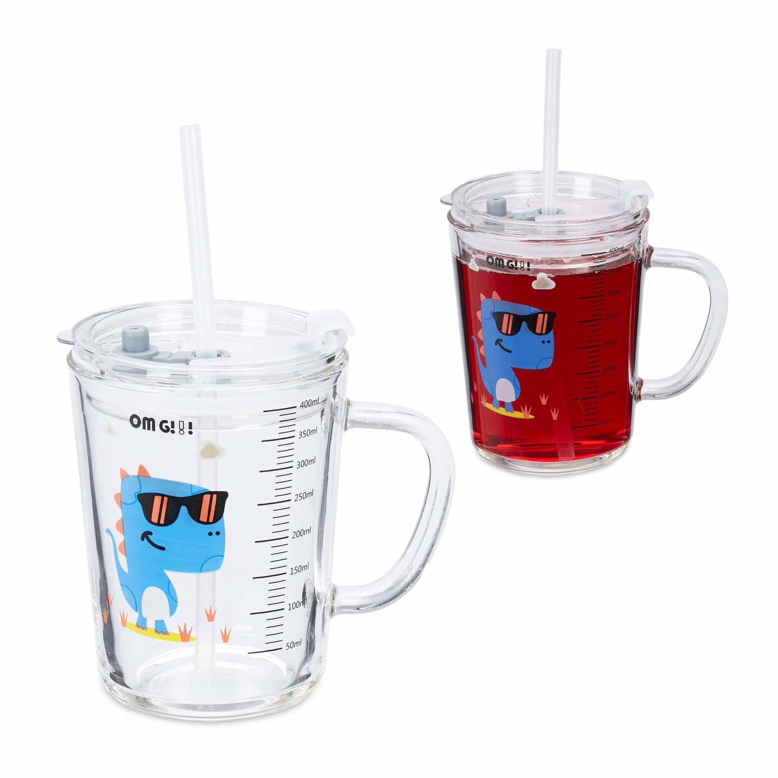 sett med 2 barneglass med dinosaurmotiver