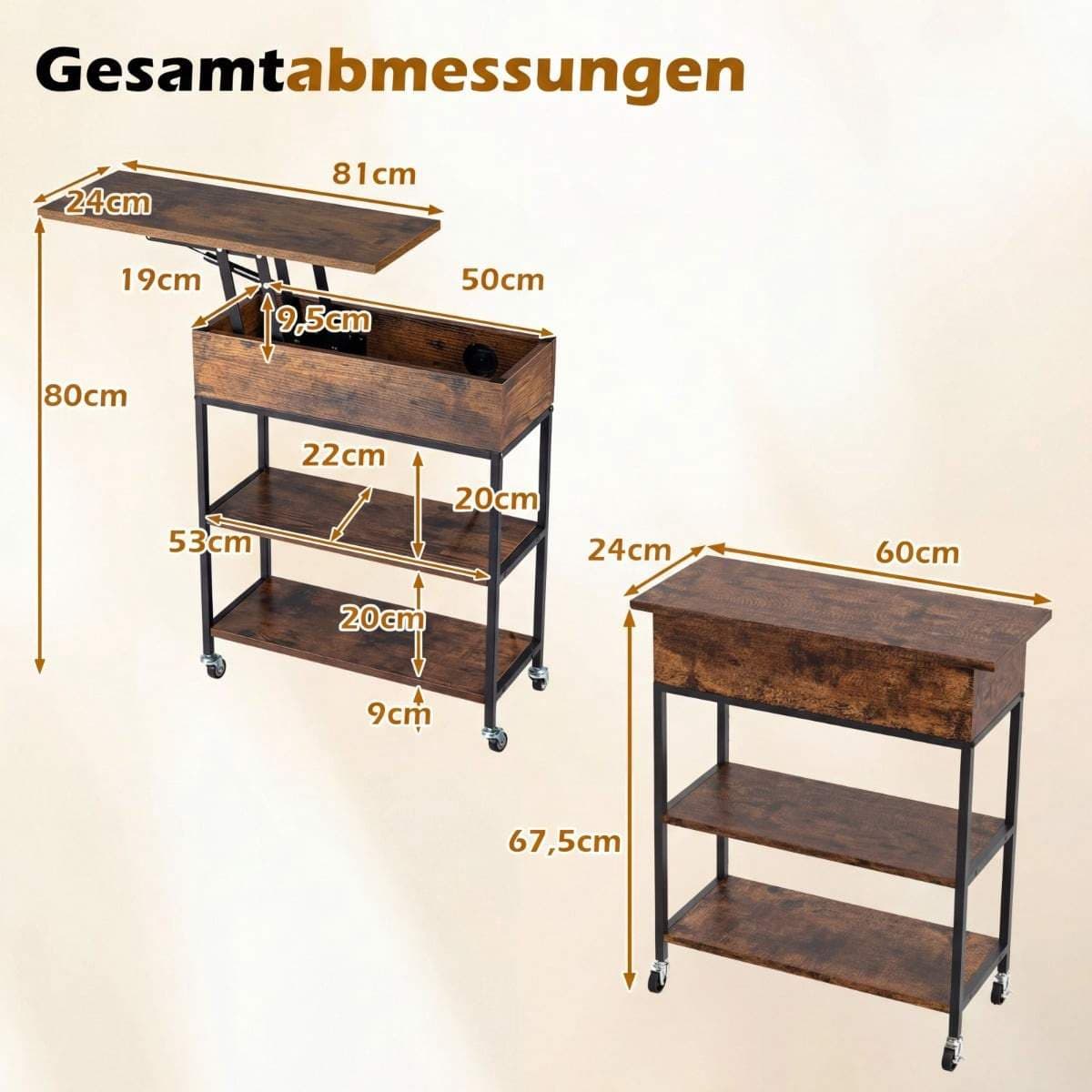 Løftbart sidebord med ladestasjon og oppbevaring view 2