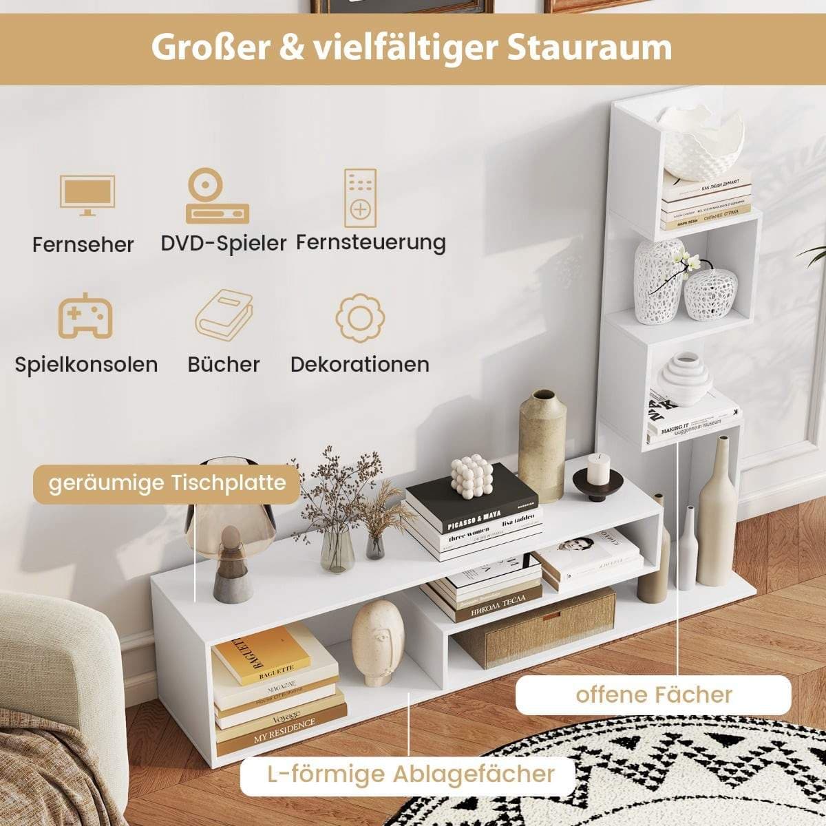 TV-stativ i tre med bokhylle for 50" TV-er – hvit