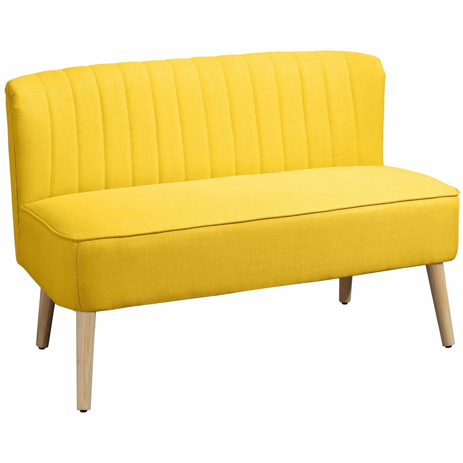 2-seters sofa, myke puter, lettstelt trekk, gul