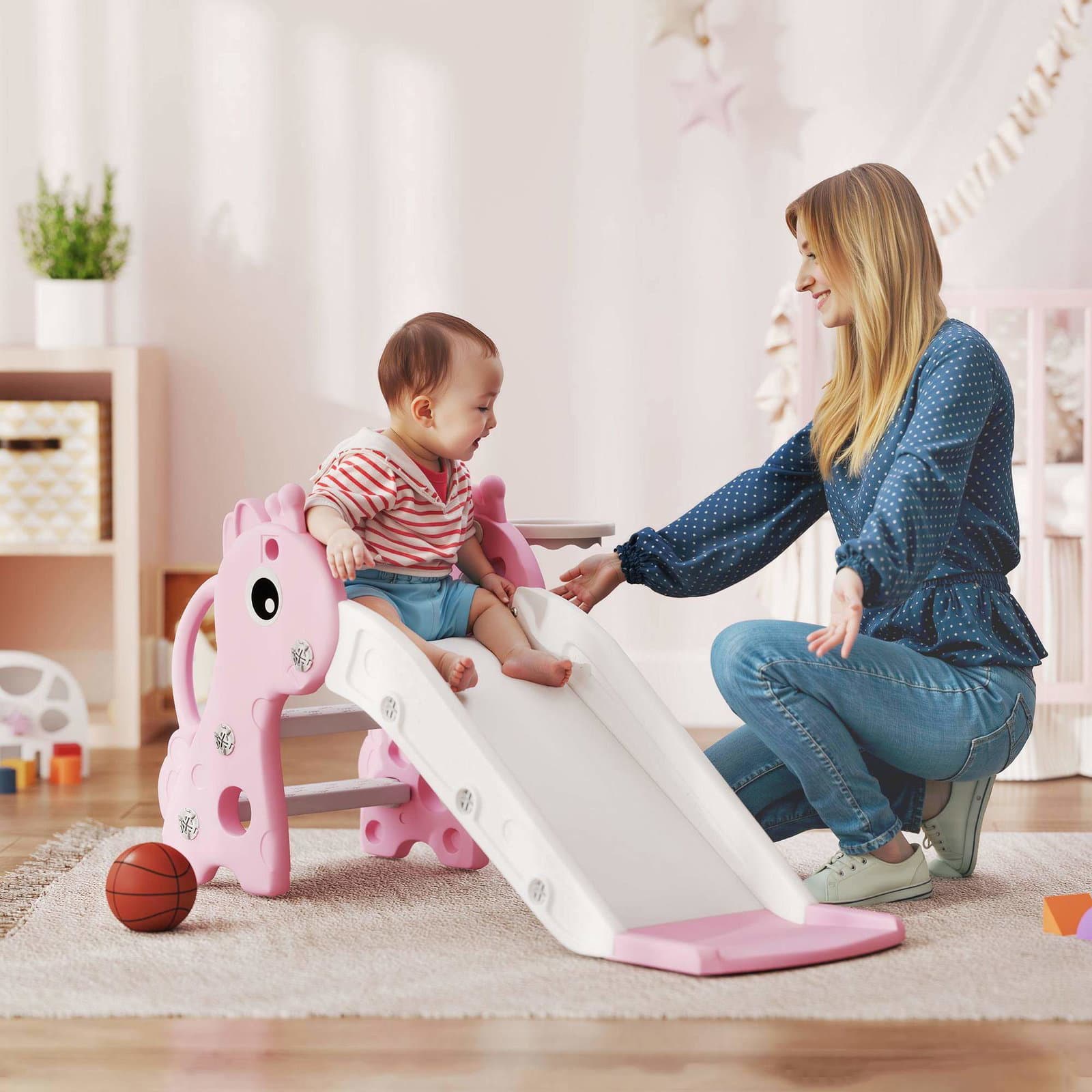 Barnesjiraffsklie med basketballkurv – rosa view 2