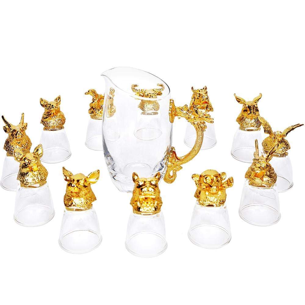 Chinese Zodiac, Karaffelsett med 12x Glass - Gull