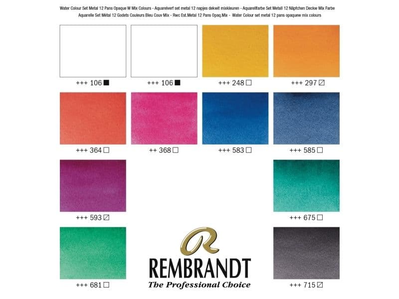 Rembrandt akvarell metallboks: Opaque White fargeutvalg, 12 pans + pensel