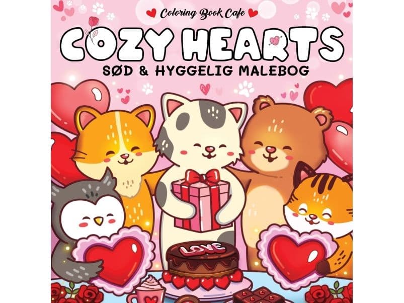 Malebok: Cozy Hearts - Cozy Coloring | Coloring Book Cafe | Språk: Dansk