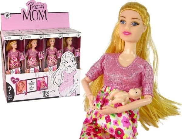 LeanToys dukke til barn under graviditet rosa kjole med blomster