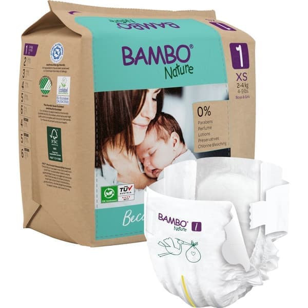 Babybleie, tapebleie, miljømerket, Bambo Nature, 1, papirpose, papirpose, 2-4 kg - (6 pakker x 22 stk.)