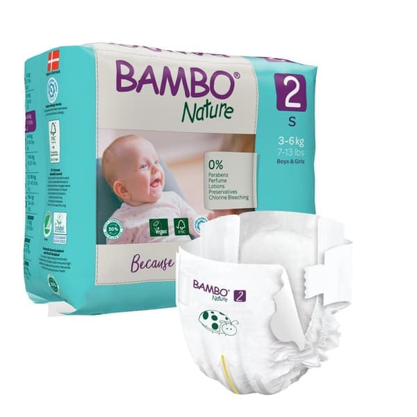 Babybleie, tapebleie, miljømerket, Bambo Nature, 2, 3-6 kg - (6 pakker x 30 stk.)