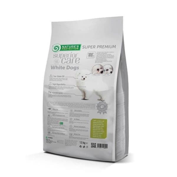 Nature's Protection Superior Care Hvite hunder Kornfrie Hvitfisk Junior Små- og Miniraser 1,5 kg, tørt kornfritt fôr for unge hunder med hvit pels