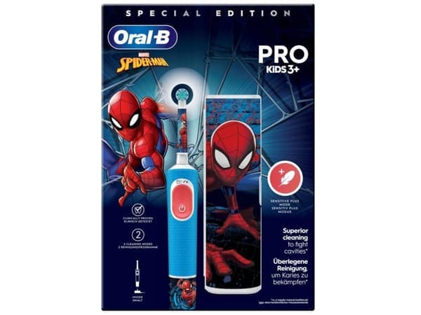 Oral-B Vitality Pro Kids Spiderman, Barn, Roterende vibrerende Tannbørste, Daglig stell, Sensitiv / Myk, Super sensitive, Blå, Rød, 7800