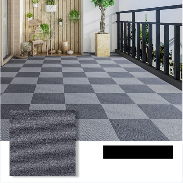 Sett med 4 mørkegrå selvklebende teppefliser for stue, soverom, kontor – 30x30 cm sammenlåsende gulvmatter