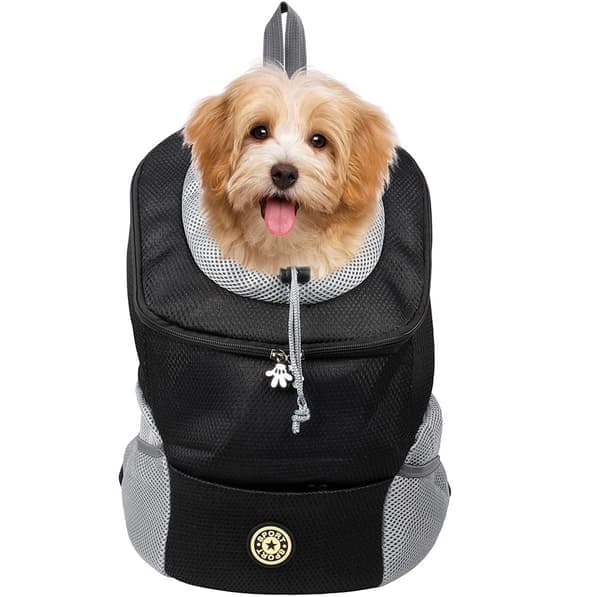 Hundetransportsekk bærbar for tur og fotturer Medium svart - pustende mesh, polyesterfiber, toppåpning med snor og ytterlommer