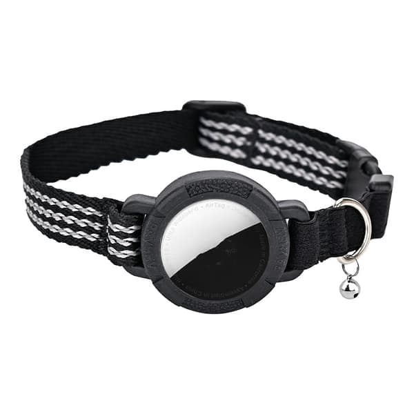 AirTag kompatibelt svart nylon kjæledyr halsbånd med refleks for katter, XS og S størrelser, sporingshalsbånd for kjæledyr XS