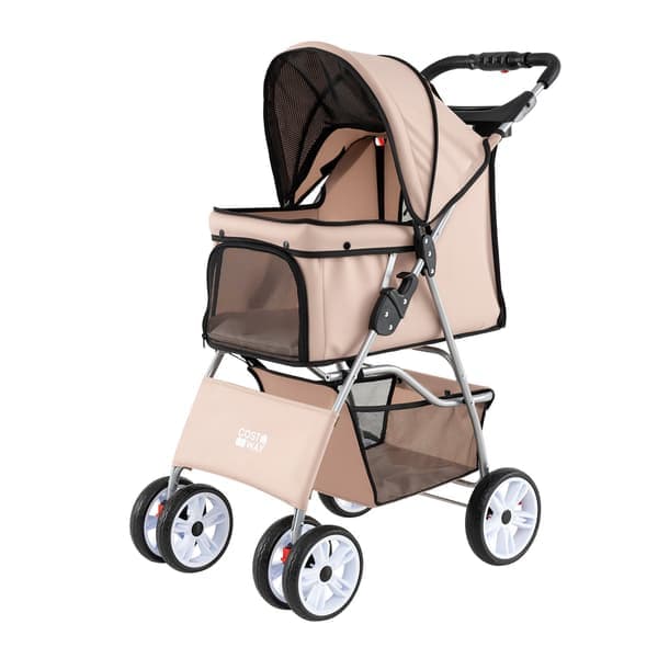 Sammenleggbar kjæledyrvogn med netting, terrenghjul, beige