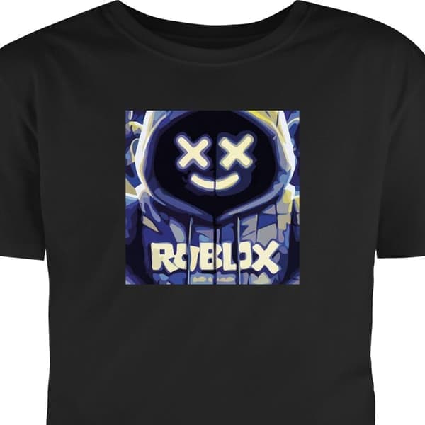 T-skjorte for Barn | Klassisk Barn-T-skjorte Svart 5-6 Šr Blå-gul Roblox-inspirert hettegenserfigur med maske og minimalistisk neonstil, stilren
