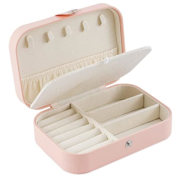 Smykkeboks, liten smykkeskrin for reiser, oppbevaringsboks for ringer, øredobber, halskjeder, armbånd, premium smykkeskrin i kunstskinn, rosa