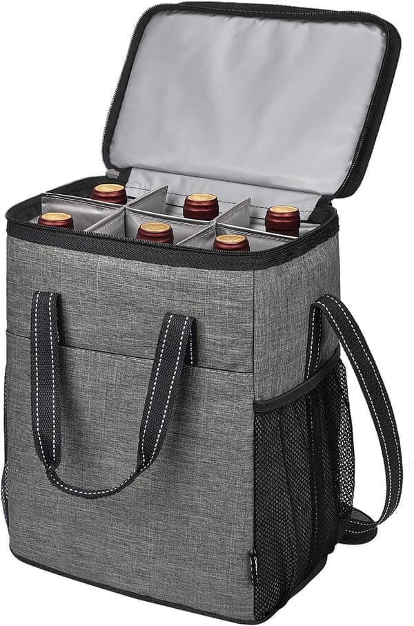 Svart isolert vinflaskeveske for 6 flasker, vanntett, polstret piknik-camping-reiseveske for vinelskere, polyester
