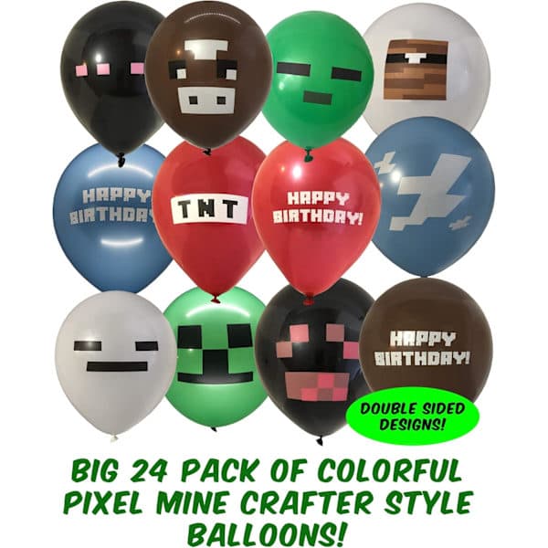 24-pakning Pixel Miner Craft Style Gamer Party Ballonger - Store