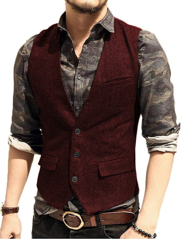Herre Herringbone Tweed Ull Vest Enkelt Bryst Slank Passform Vest