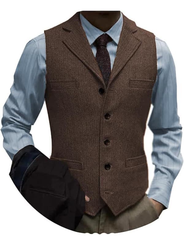 Herre Tweed Dress Vintage Vest Sildebensmønstret Ull Prom Vest