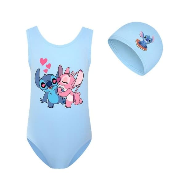 Lilo & Stitch badedrakt for barn jenter tegneserie badedrakt med lue for sommer strandferie basseng surfing himmelblå 9-10 år