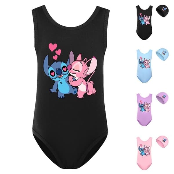 Lilo & Stitch badedrakt for barn jenter tegneserie badedrakt med hette for sommer strandferie basseng surfing svart 9-10 år