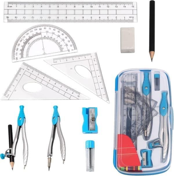 Matte sett, 10 deler protraktor geometri sett, metall kompass matte med viskelinjal, vinkelmåler og kompass sett, matte sett (blå)