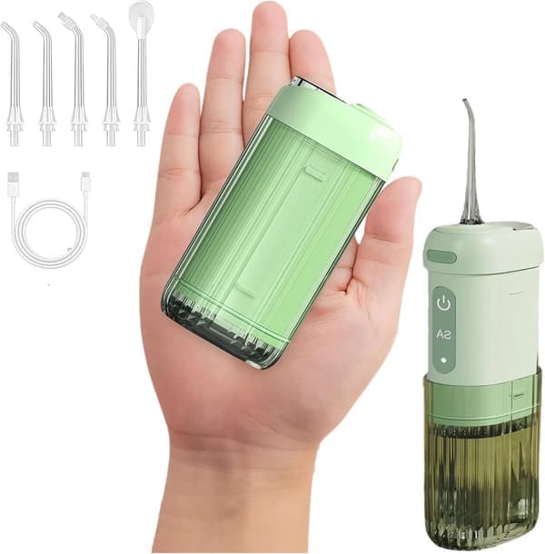 1 stk, Vannflosser for tenner, bærbar oral irrigator med 4 innstillinger, 5 floss-tupper, 200 ml teleskopisk vanntank, IPX7 vanntett, oppladbar