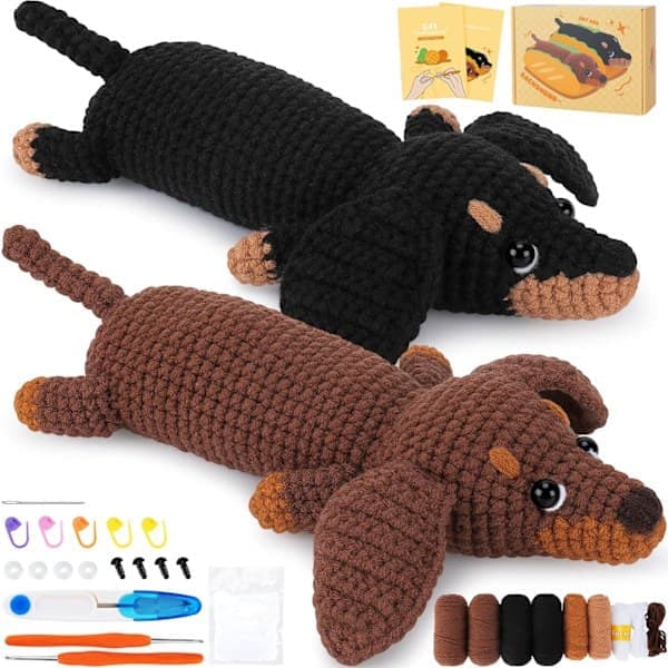 Virka Kit for Nybegynnere, Heklet Dyrekit Komplett Dachshund Hekling med Garn Kroker Nåler, Trinn-for-trinn Video Veiledning{ROG}