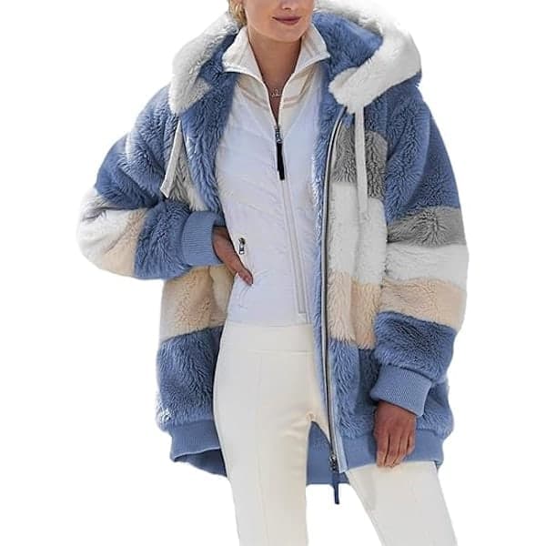 Fluffy fleecejakke for kvinner med hette, fargeblokk, patchwork, yttertøy med lommer