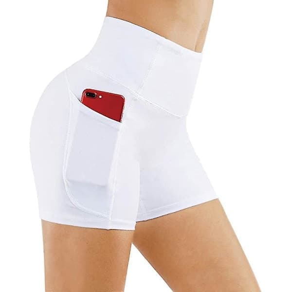 Yogashorts, dameshorts, sidelommer med telefonlomme, høy midje, yogafitness, treningsbukser, underdeler, hvit