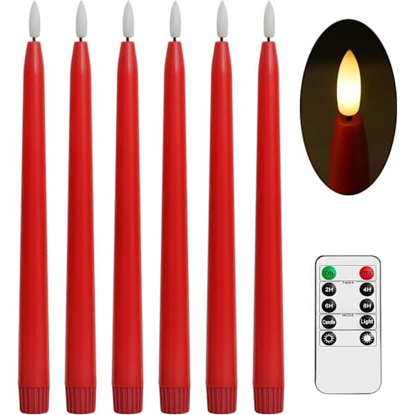 Røde Flammefrie Avsmalnende Lys med Fjernkontroll - 28 cm LED Lysestaker Batteridrevne Realistisk 3D-flamme med Veke Timer Julesett med 6