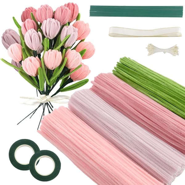 [LLC] Sett med 400 piperensere, chenilletråder, tulipanblomsterrensere - 4 farger - med 2 ruller blomstertape, 20 blomsterstilker