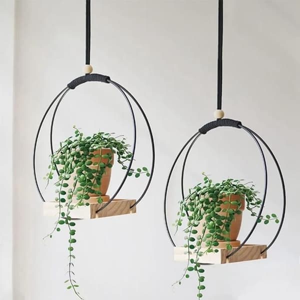 2 stk. hengende blomsterpotteholder, hengende kurv i tre for dekorative planter på balkong (Rund * Svart)