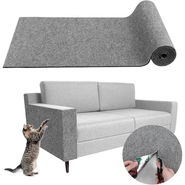 DIY skrapematte for katter, klippbar skrapestolpematte, 200 cm x 40 cm, selvklebende teppematte (lys grå).